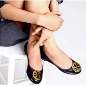 Tory Burch Black Napa Leather Minnie Ballet Flats- 8.5